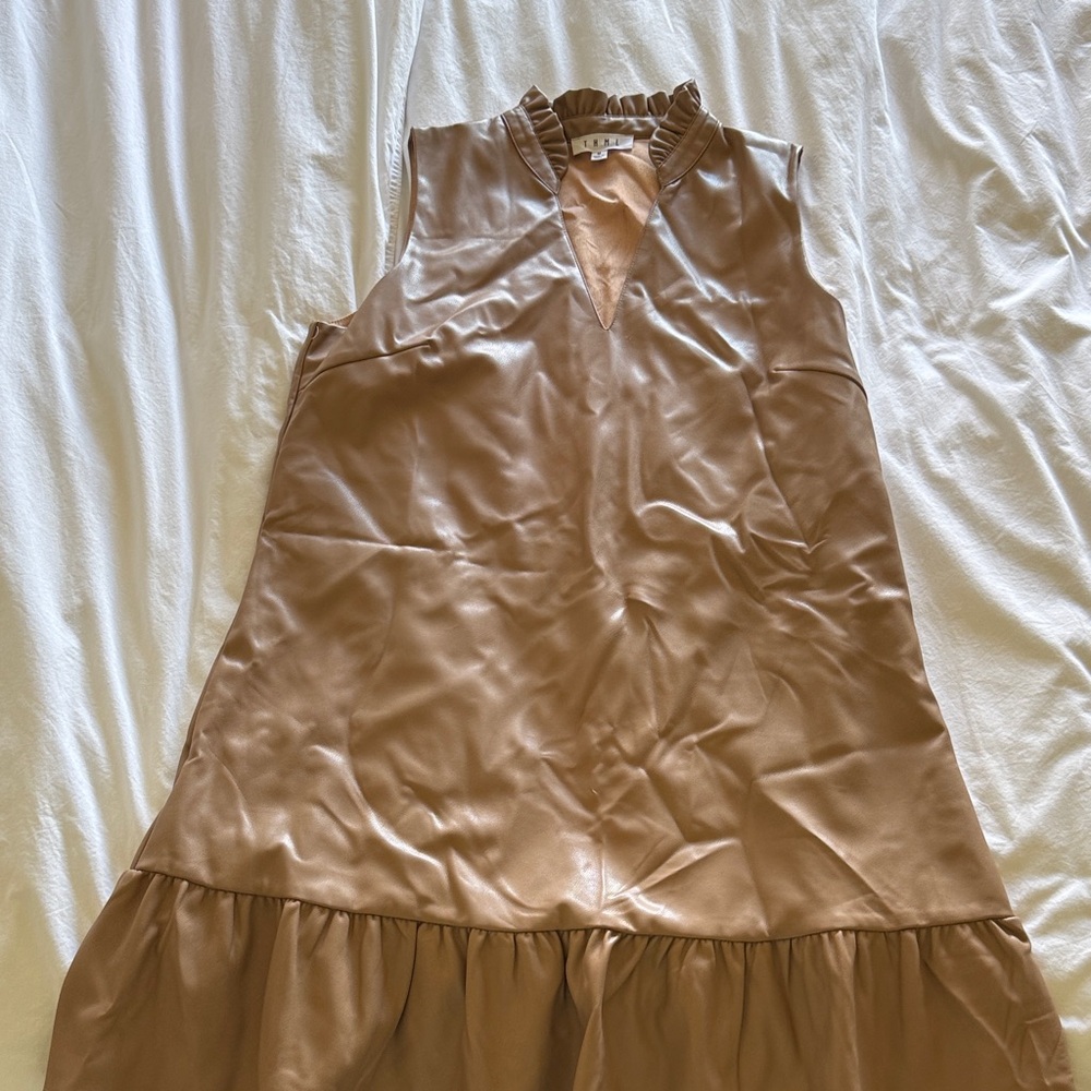 THML Sleeveless Faux Leather Ruffle-Hem Dress in Brown
